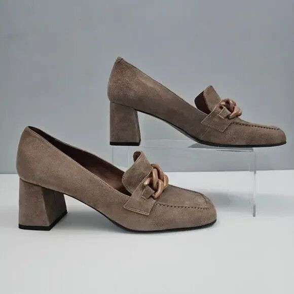 New $425 Aquatalia Cathie Suede Chain Heeled Loafers in Taupe Suede Sz. 10.5 - Picture 3 of 6
